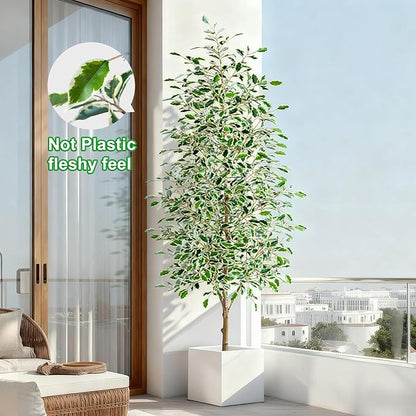7FT Artificial Ficus Trees Indoor Faux Trees Indoor Fake Floor Plants Tall Artificial Tree with White Pot Faux Tree Fake Indoor Tree Silk Plants Artificial Trees for Home Decor Indoor