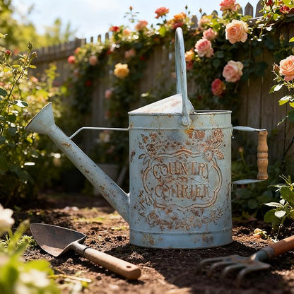 Vintage Metal Watering Can with Country Corner Floral Emboss & Wooden Handle Garden Distressed Blue Decorative Watering Pot Farmhouse Waterer for Home Garden Balcony Courtyard 2 Gallon