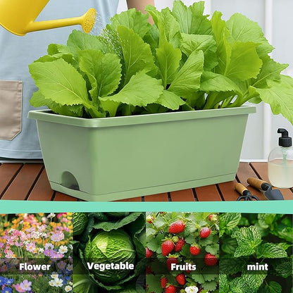 Window Box Planter, 12 Pack Plastic Vegetable Flower Planters Boxes 17 Inches Rectangular Flower Pots with Saucers for Indoor Outdoor Garden, Patio, Home Decor (Brick RED) (Aqua)