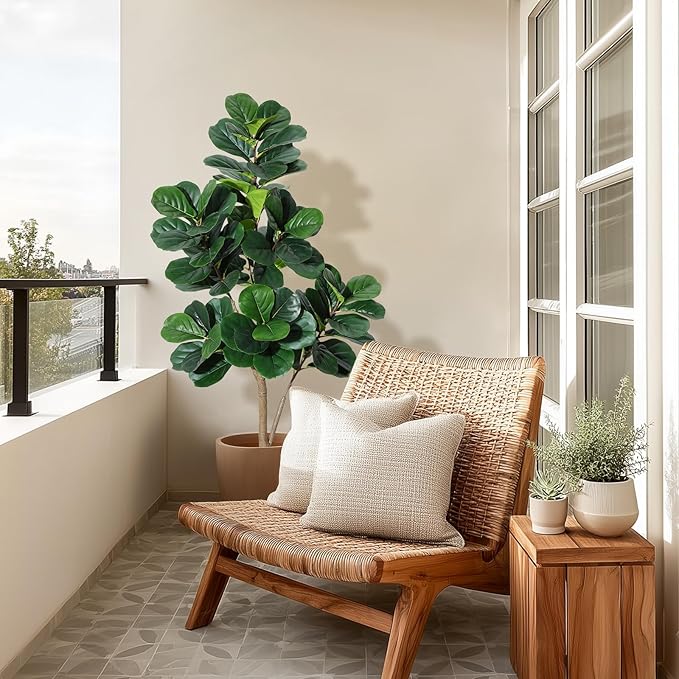 5 ft Fiddle Leaf Fig Tree Artificial with 77 Leaves - Realistic Faux Ficus Lyrata Trees in 7.8 in White Planter Pot, Indoor Fake Floor Plants for Home Office Living Room Decor, Housewarming Gift