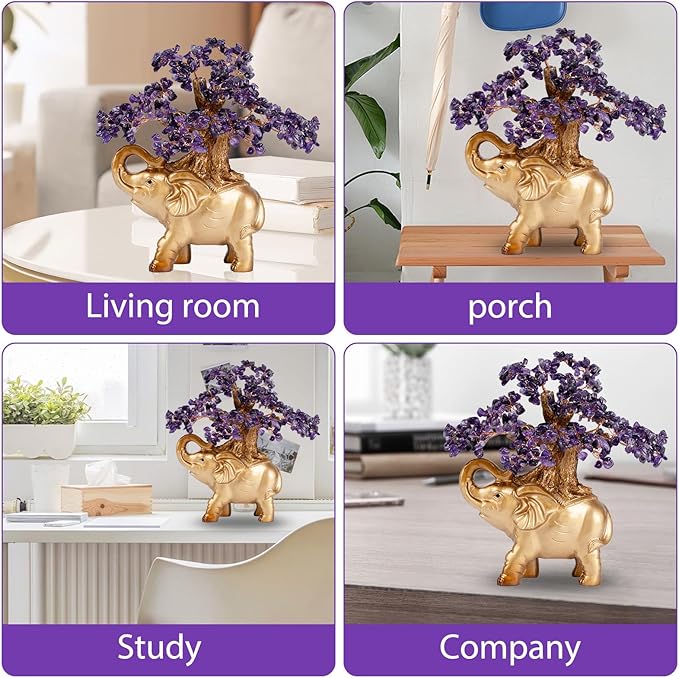 Amethyst Crystal Money Tree on Gold Mini Elephant Statue, 10”Gemstone Bonsai Tree of Life Home Décor Gifts for Wealth Positive Energy, Feng Shui Décor