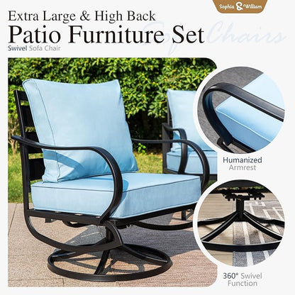 Sophia & William Patio Furniture Sets for 5 Outdoor Metal Conversation Sets 5 Pcs with 2 x Cushioned Swivel Sofa Chairs, 2 x Ottomans as Coffee Table, 1 x 3-Seat Sofa, Lawn Backyard Poolside Blue