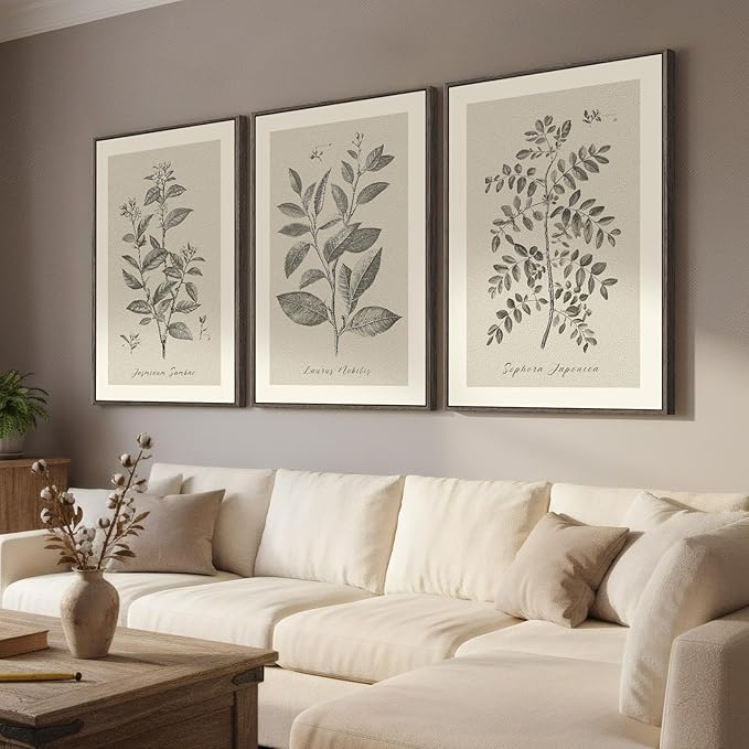 Large Framed Vintage Botanical Wall Art for Living Room, 3 Piece Rustic Farmhouse Plant Canvas Painting Prints Artwork, Neutral Natural Floral Pictures for Bedroom Kitchen Hallway Wall Decor, 24x36