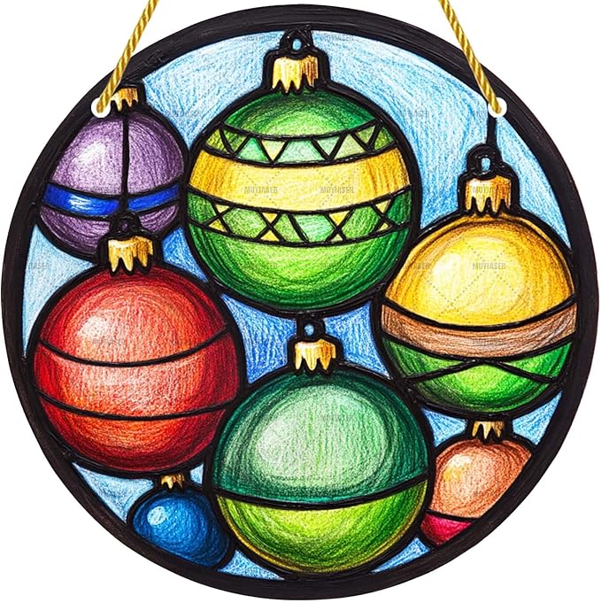 Acrylic Window Hanging Merry Christmas Balls Stained Panel Window Decoration for Outdoor Indoor Garden Yard Home Winter Decor 12 Inch