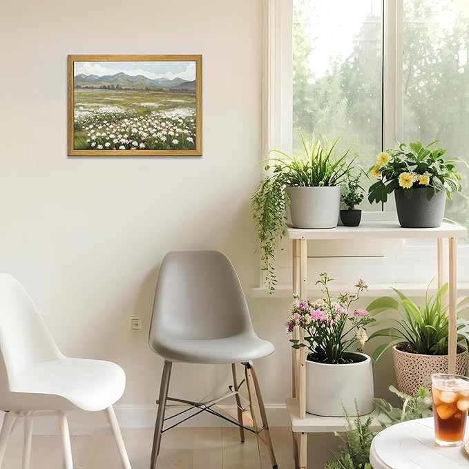 Framed Canvas Wall Art, Vintage Landscape Bathroom Wall Decor, Countryside Flower Field Classic Print Poster, Farmhouse Kitchen Oil Painting, large Artwork Living Room Home Decor 12x16 Inch