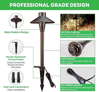 Landscape Path Lights, 3000K/4000K/5000K Selectable Pathway Lights, 12V Low Voltage Wired, LED Outdoor Waterproof, 5W 150LM ORB Aluminum for Yard Walkway Driveway Garden