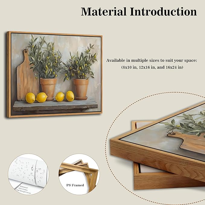 Floating Framed Vintage Kitchen Wall Art, Yellow Lemon Still Life Wall Decor Oil Paintings, Rustic Farmhouse Artwork Canvas Posters Prints Pictures for Living Room Bedroom Home Decor 8x10 Inch