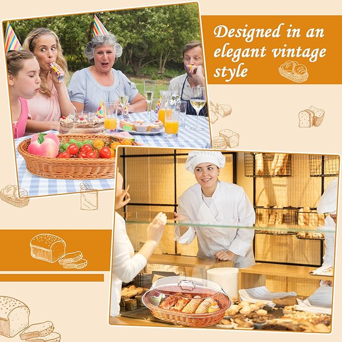 Hushee 2 Set Imitation Rattan Bread Basket with Lid Wicker Bread Baskets for Serving Woven Fruit Basket with Cover Oval Food Baskets for Food Vegetables Display(15.75 x 11.81 Inch)