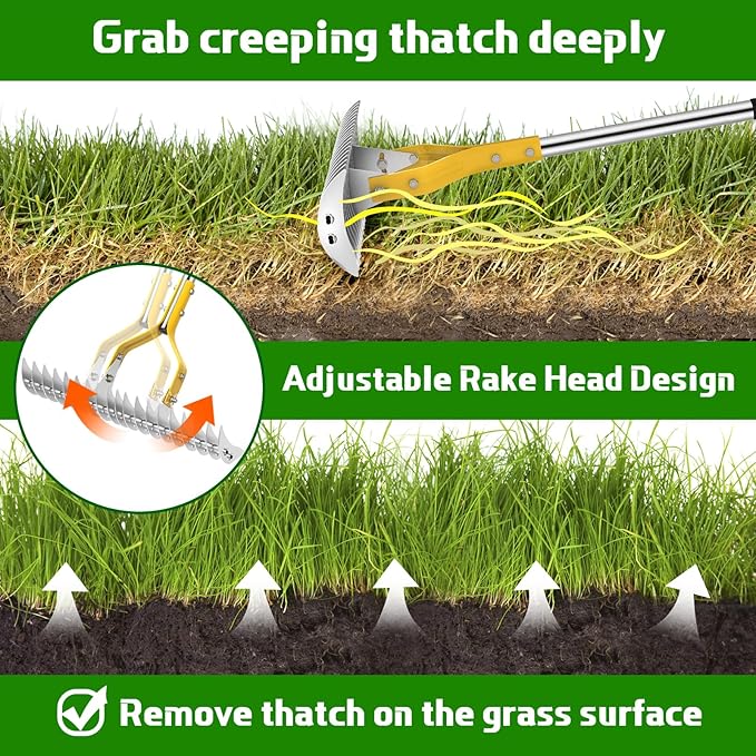 Thatch Rake, 15 Inch Lawn Thatching Rakes for Cleaning Dead Grass, Efficient Metal Steel Lawn Dethatcher with Sponge Handle, Lawn loosening Soil Grass Rake (Silver)