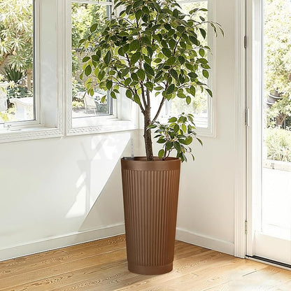 24" Tall Self Watering Planters for Indoor Plants, 2 Pack Large Plastic Outdoor Planter Pots with Built-In Water Reservoir and Level Indicator, Decorative Modern Flower Pots for Home & Patio (Brown)