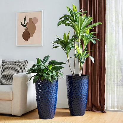 Glitzhome Set of 2 Tall Plastic Planters 23.75"H Eco-Friendly Honeycomb Textured Outdoor Indoor Garden Pots for Porch Patio, Large Modern Deck Plant Container with Easy Knock-out Drainage Holes, Blue