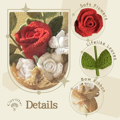 Red Rose Crochet Flowers Bouquet Handmade Knitted Artificial Flowers Home Decor