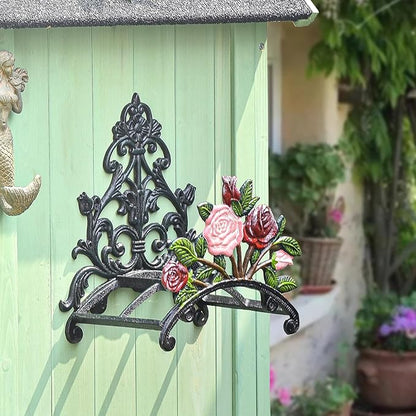 Sungmor Cast Iron Heavy Duty Garden Hose Holder - Decorative Hand-Painted Peony Wall Mounted Water Hose Hanger - Wall Decoration Hanging Hose Rack - Hose Reel Storage Butler - Metal Hose Stand