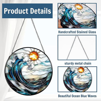 7.8'' Sea Stained Glass Window Hanging,Ocean Blue Waves Suncatcher for Window Hanging, Beach Lover Gifts, Beach Decor, Coastal Suncatcher, Gifts for Friends, Couples, Family, Colleagues