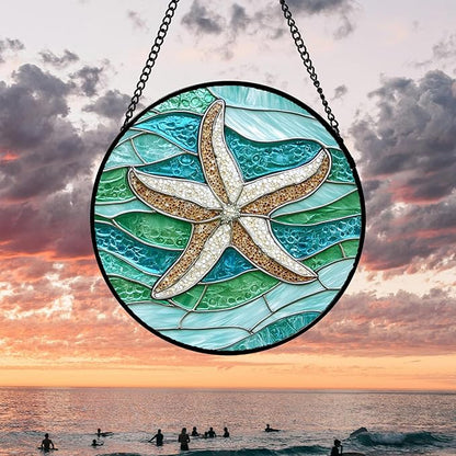 Stained Glass Window Hanging 4 Pcs Set Cyan Ocean Life Theme Large 15" - Sea Starfish Suncatcher Door Garden Sun Catcher Decor Birthday for Mom Woman Nana Men Friend