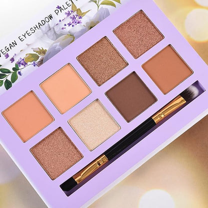 Matte Nude Eyeshadow Palette, 8 Shades High Pigmented Organic Long Lasting Vegan Palette with Brush