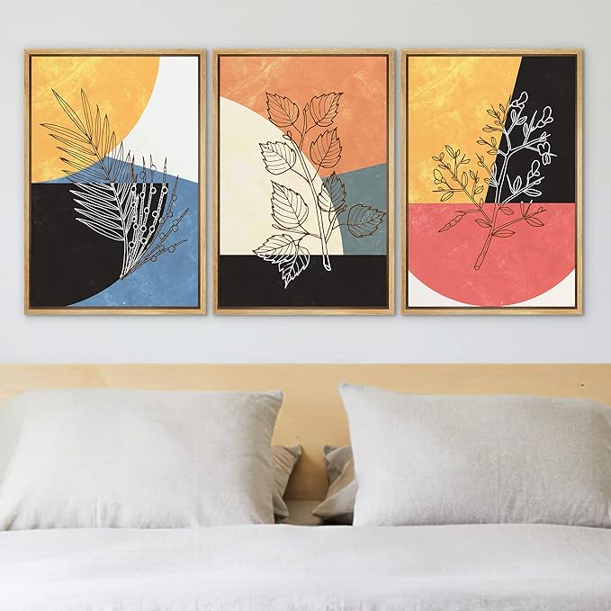 Ashbrook Framed Wall Art Print Set Geometric Mid-Century Color Block Plant Silhouettes Abstract Nature Illustrations Modern Art Boho Colorful for Living Room, Bedroom, Office - 16"x24"x3 Natural