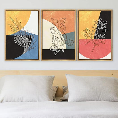 Ashbrook Framed Wall Art Print Set Geometric Mid-Century Color Block Plant Silhouettes Abstract Nature Illustrations Modern Art Boho Colorful for Living Room, Bedroom, Office - 24"x36"x3 Natural