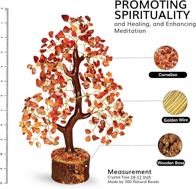 NARIBABU Carnelian Crystal Tree – 10-12 Inch Gemstone Tree with Golden Wire & Wooden Base – Healing Crystals Decor, Spiritual Gift, Gifts for Her, Birthday Gift for Women, Positive Energy Trees