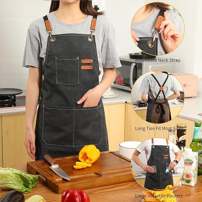 Tosewever 2 Pack Canvas Cross Back Chef Apron for Men Women with Pockets, Cotton Tool Aprons for Cooking Kitchen BBQ Artist