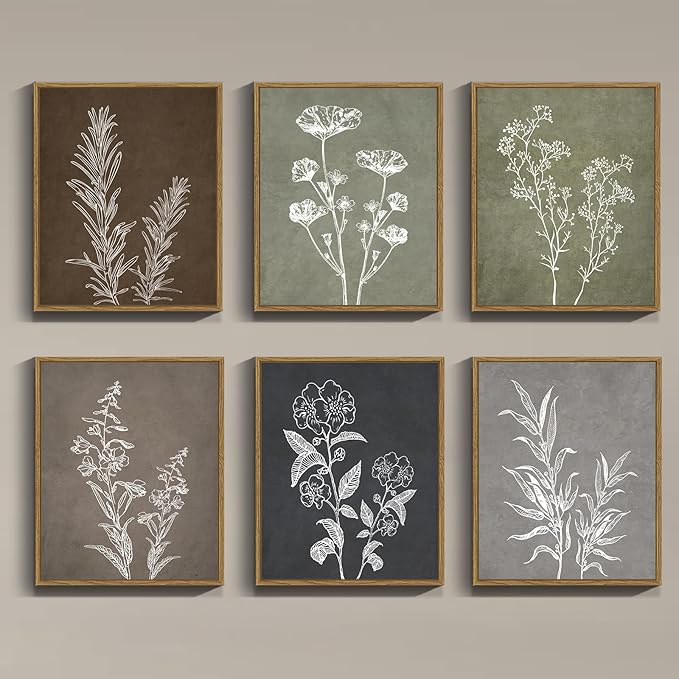 Drsoum Vintage Botanical Wall Art Framed Boho Wall Decor Wooded Minimalist Plant Print Modern Rustic Farmhouse Home Kitchen 8x10inx6pcs