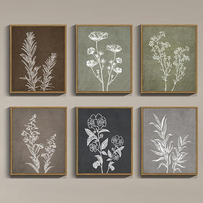 Drsoum Vintage Botanical Wall Art Framed Boho Wall Decor Wooded Minimalist Plant Print Modern Rustic Farmhouse Home Kitchen 8x10inx6pcs