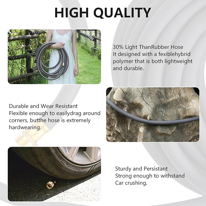 Garden Hose 5/8" x 25ft - Brass Rubber Heavy Duty Water Hose 600 PSI Burst Pressure, Durable Flexible Hose for Yard, Car Wash, Pets Gray