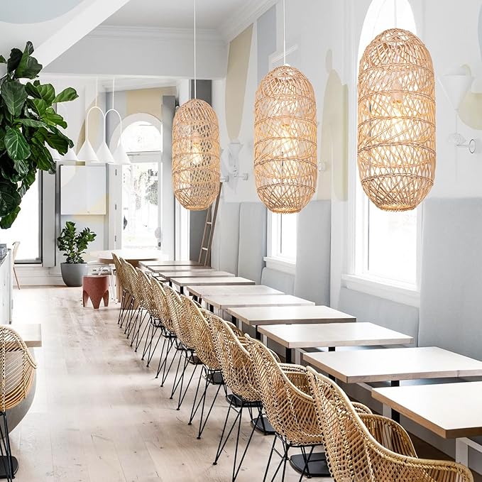 Arturesthome 1 Light Natural Rattan Pendant Light, Woven Chandelier Pendant Lamp Shade, Hanging Ceiling Light, Handmade Lampshade for Bar Hallway D 9.8"* 23.2"