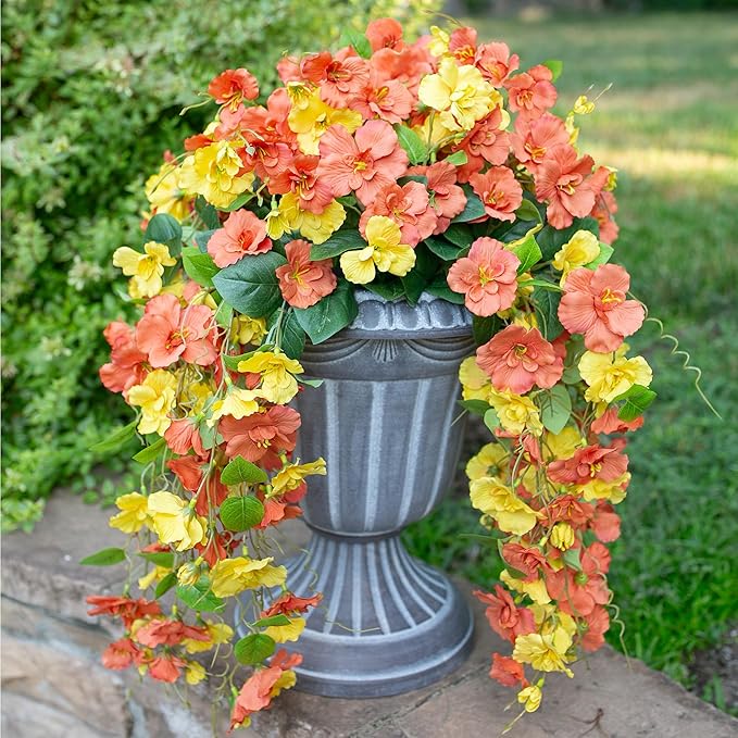 HyeFlora Hibiscus Fall Flowers Artificial Hanging Flowers Plants for Outdoors Autumn Decoration, 2pcs Silk Hibiscus Vines Realistic UV Resistant Faux Flowers for Outside Planters Yard Garden Home, Mix