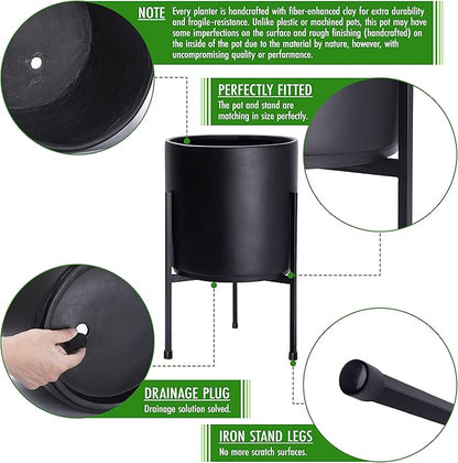 D'vine Dev Modern Black Plants Pot Cylinder Planter with Heavy Duty Stand, Medium 10 Inch Pot, 16.3 Inch with Stand Height, 96-T-B-2