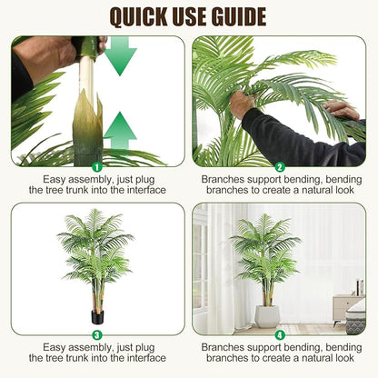 5ft Tall Triple Golden Cane Palm Artificial Tree Large Tropical Palm Tree UV Resistant Fake Plant in Pot for Indoor Outdoor Big House Living Room Outside Patio Office Home Decor 2Pack