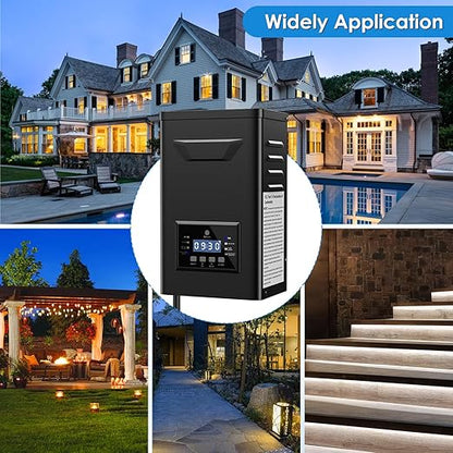 400W Low Voltage Landscape Transformer with Timer & Photocell for Landscape Lighting, 120V to 12V/14VAC, Stainless Steel, Weatherproof Smart Transformers for Outdoor Yard Lights, Path Lights