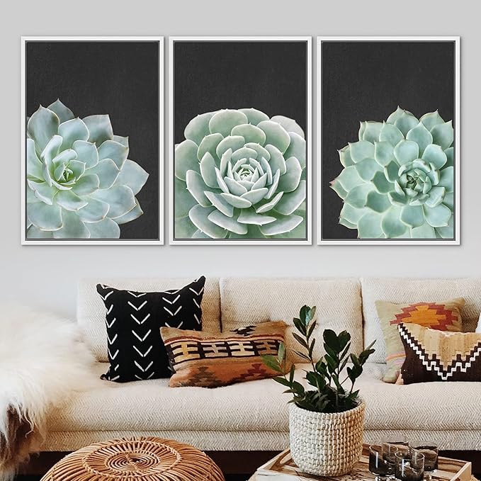 Ashbrook Framed Canvas Print Wall Art Set Green Desert Rose Cactus Succulents Nature Wilderness Photography Modern Art Minimal Chic Colorful for Living Room, Bedroom, Office - 24"x36"x3 White