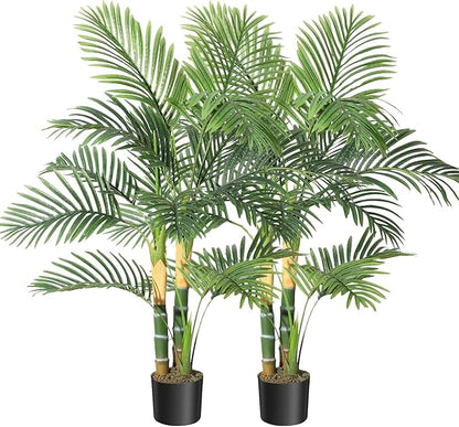 GarveeHome 2 PCS Artificial Palm Tree, 4FT Faux Plants Indoor with 14 Trunks - Faux Tropical Areca Floor Plant in Pot - Artificial Silk Plant for Indoor Outdoor Home Garden Patio Office Décor