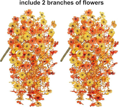 HyeFlora Artificial Flowers for Fall Outdoors Decoration, 2Pcs Fake Fall Light Orange & Yellow Hanging Flowers, Faux Autumn Decor for Porch Patio Balcony Planter, Realistic Arrangement