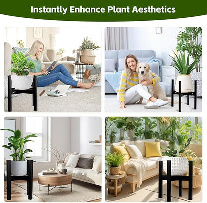Adjustable Bamboo Plant Stand for Indoor Plants, Holder Rack Fits 8"-12" Pots for Living Room, Bedroom, Corner - Space Saving Shelf (Pot & Plant Not Included)(Black)