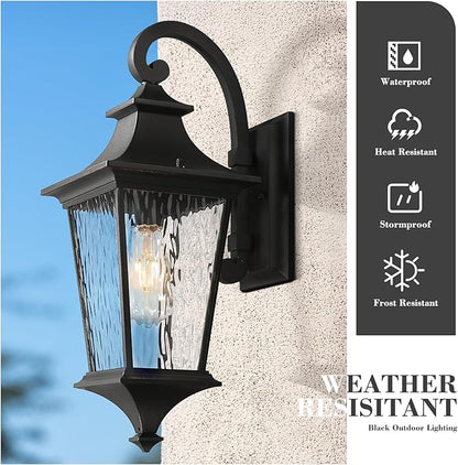 Emliviar Modern Outdoor Porch Light, 21.1 Inch Black Finish Classic Outside Wall Light with Water Ripple Glass, Outdoor Wall Mount Lighting for Entryway and Garage, XE292BM-SW BK
