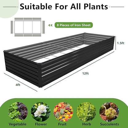 12x4x1.5FT Galvanized Raised Garden Bed,Vegetable Boxes-Rectangle Metal Flower Box,Large Planter Raised Beds Outdoor Garden for Planting,Fruit,Herb-Black