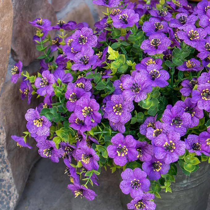 Faux Flowers for Outdoor Planters, Artificial Flowers for Outdoors, 12 Bundles Outdoor Indoor Uv Resistant, Artificial Flowers for Decoration, White Silk Faux Spring Flowers for Outside, Purple
