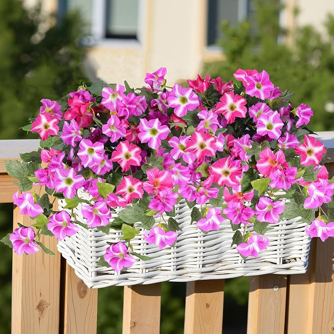 Artificial Fake Flowers for Outdoor Decoration,4 Pcs Faux Petunias Flowers UV Resistant Silk for Porch Yard Garden Home Indoor Decor(Purple Red)