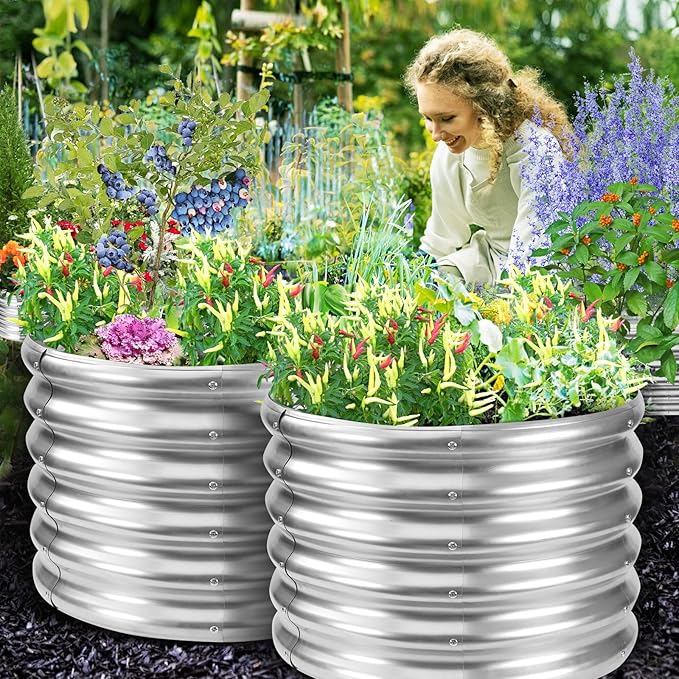 17" Tall Round Outdoor Garden Raised Garden Bed Kits-0.8MM Thick Metal Raised Planter Bed/Ground Planter Box for Variety of Flowers,Herbs,Vegetables,Trees (Silver, 24 Dia X 16.5 inches)
