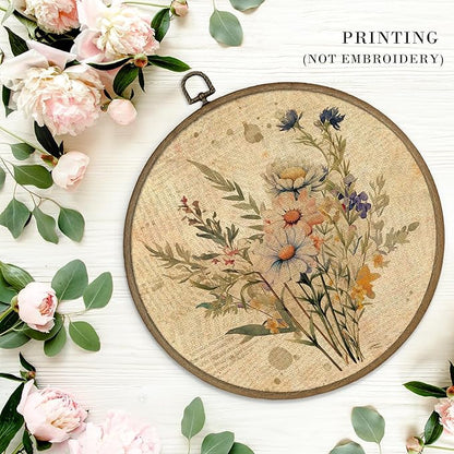 MAQIKA Vintage Floral Framed Wall Art Decor, Boho Flower Wall Decor, Botanical Daisy Round Wall Hanging Decor, Farmhouse Plant Canvas Prints Wall Art for Kitchen Bathroom Dorm Room, 10x10 Inch