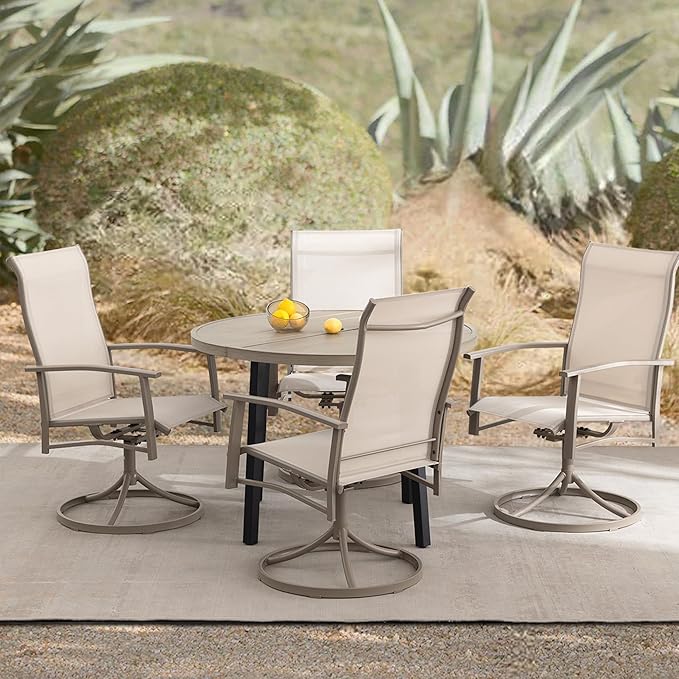 5 Piece Outdoor Dining Set, 42" Honey Oak Round Outdoor Dining Table with 4 Ivory Beige Swivel Patio Table and Chair Set of 4 for Lawn, Garden, or Porch