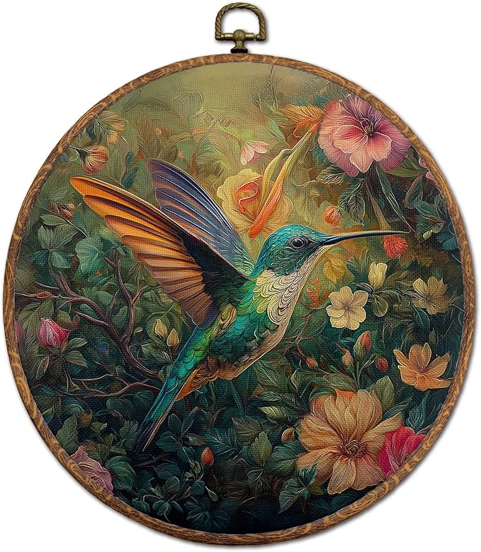 DEQSX Vintage Floral Hummingbird Round Wall Art, Rustic Nature Cottagecore Flower Botanical Bird Wall Decor Canvas Prints Posters for Home Bedroom Living Room, 10x10 Inches
