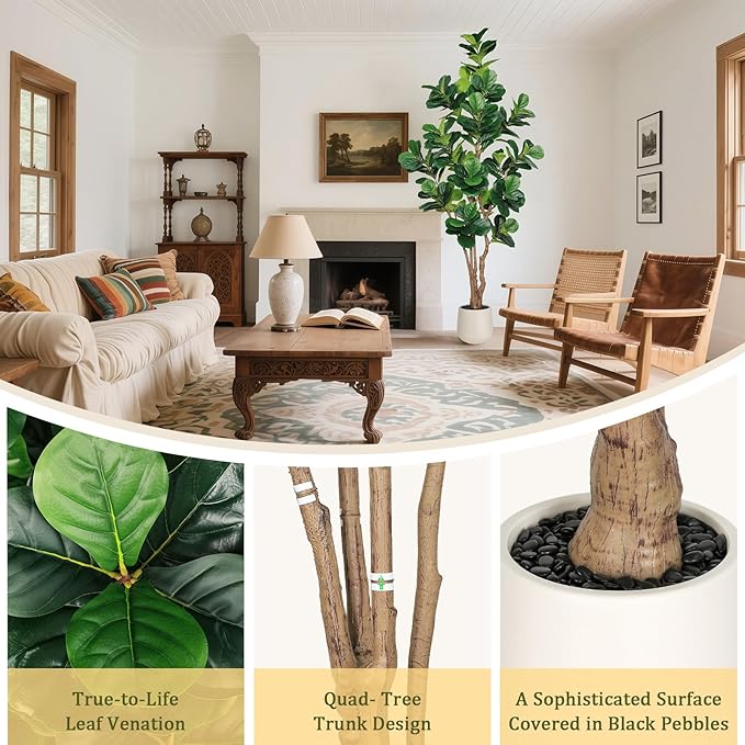 8 FT Artificial Fiddle Leaf Fig Tree with White Planter and Black Pebble, Tall Faux Ficus Lyrata with Thick Trunk and Emerald Leaves, Fake Ficus Tree for Office Home Indoor Decor