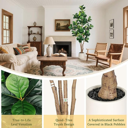 8 FT Artificial Fiddle Leaf Fig Tree with White Planter and Black Pebble, Tall Faux Ficus Lyrata with Thick Trunk and Emerald Leaves, Fake Ficus Tree for Office Home Indoor Decor