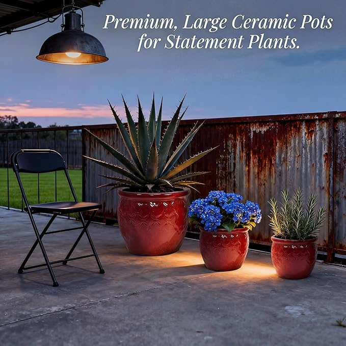 Tiered 3-Piece Ceramic Planter Set (9, 12, 15 Inch) with Drainage Holes & Saucers for Indoor Outdoor Plants, Modern Garden Pots for Succulents, Herbs, Flowers on Patio, Balcony, Windowsill - Red (Red)