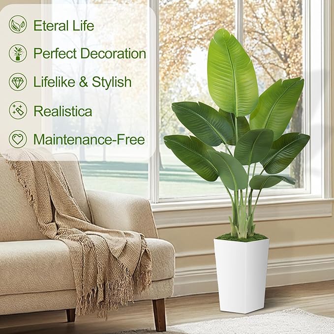 Lifelike Bird of Paradise Artificial Plant 5ft Faux Banana Leaf Tree with White Tall Planter for Home Decor - Perfect Indoor Silk Floor Plant for Living Room, Office, and Bedroom Ambiance Enhancement