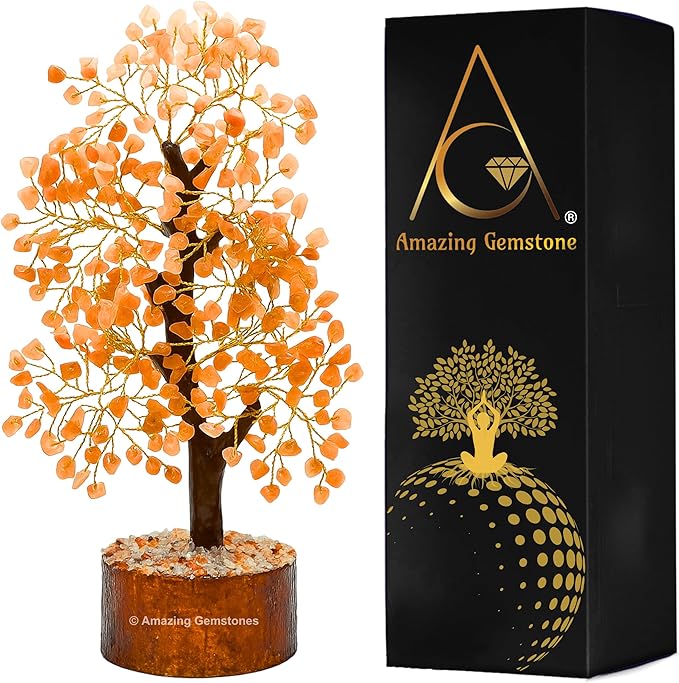 Peach Moonstone Natural Healing Premium Crystal Bonsai Feng Shui Fortune Money Tree of Life for Home Office Decor (Gift Box Ready,10-12 Inch)