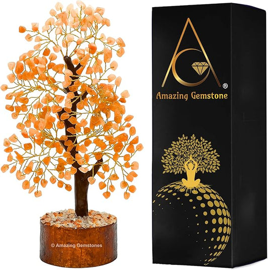 Peach Moonstone Natural Healing Premium Crystal Bonsai Feng Shui Fortune Money Tree of Life for Home Office Decor (Gift Box Ready,10-12 Inch)